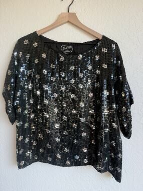 Vintage J.L.B. 100% Silk Sequins And Beaded Shirt | Silver And Black | Size M